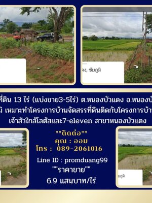 ขายที่ดิน 13 ไร่ (แบ่งขาย3-5ไร่) ต.หนองบัวแดง อ.หนองบัวแดง จ.ชัยภูมิ เหมาะทำโครงการบ้านจัดสรรที่ดินติดกับโครงการบ้านจัดสรรเจ้าสัวใกล้โลตัสและ 7 -eleven สาขาหนองบัวแดง