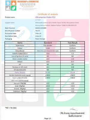 COA/MSDS-Ultramarine Violet -p12 / CI 77007 ชนิดผง กระจายตัวในน้ำ และน้ำมัน ใช้ได้กับเครื่องสำอางทุกประเภท